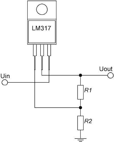 Схема подключения микросхемы LM317 в качестве стабилизатора напряжения
